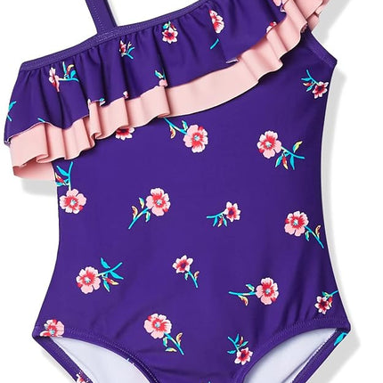 Kanu Surf Girls' Morgan Floral Ruffle 1-Shoulder 1-Piece Swimsuit, Purple, 12