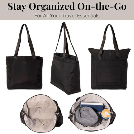 Baggallini Swift Tote Bag for Women - Lightweight 12x16 Nylon Zipped Travel Carry On Bag w/Luggage Sleeve, B-lite Black, One Size