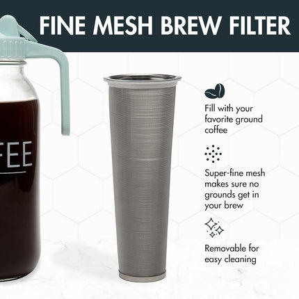Cafetière à infusion à froid Primula Mason Jar avec filtre en acier inoxydable et couvercle verseur facile, pichet en verre durable qui s'adapte à la plupart des portes de réfrigérateur, lavable au lave-vaisselle, fabriquée sans BPA, 2 litres, Aqua