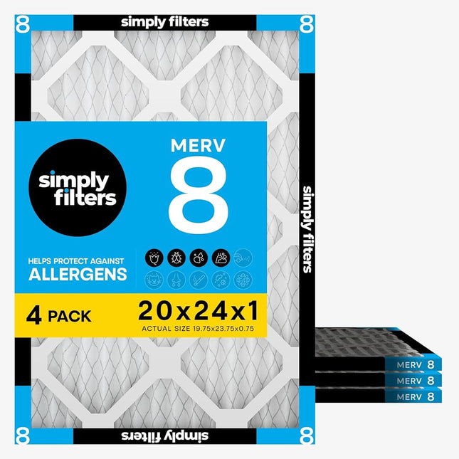 Simply 20x24x1 Air Filter, Merv 8, 4 Pack, For Home AC Furnace & HVAC (Actual Size: 19.75"x23.75"x0.75") DUST, Pet, & Allergy Control