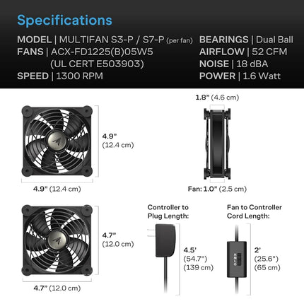 AC Infinity MULTIFAN S7-P, Quiet Dual 120mm AC-Powered Fan with Speed Control, UL-Certified for Receiver DVR PlayStation Xbox Component Cooling