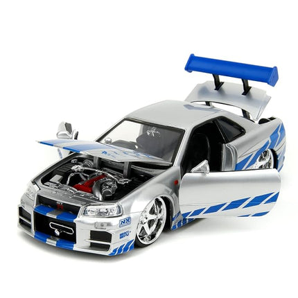 Jada Toys Fast & Furious Brian’s 2002 Nissan Skyline R34 Die-cast Car, 1:24 Scale, Silver & Blue,19808