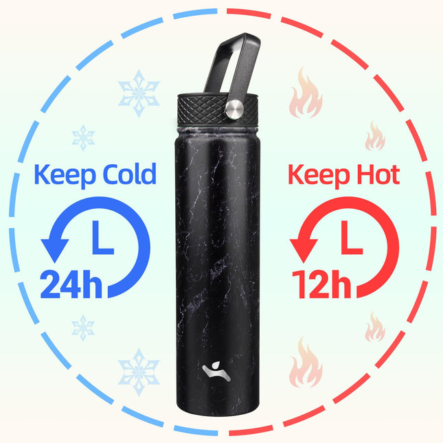 Konokyo Insulated Water Bottle with Straw,24oz 3 Lids Metal Bottles Stainless Steel Water Flask,Marble Midnight
