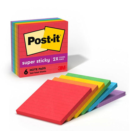 Post-it Super Sticky Notes, 4x4 in, 6 Pads, 2X The Sticking Power, Playful Primaries, Primary Colors (Red, Yellow, Green, Blue, Purple), Recyclable (6445-SSP)