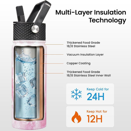 Konokyo Insulated Water Bottle with Straw,18oz 3 Lids Metal Bottles Stainless Steel Water Flask,Marble Blossom