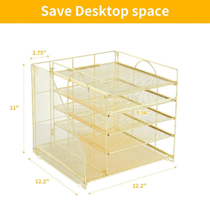 LEKETREE Desk Organizers with File Holder, 5-Tier Paper Organizer Letter Tray with Sliding Drawer and Extra Pen Holder, Mesh Desktop File Organizer for School Office Supplies (Gold)