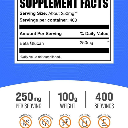 BulkSupplements.com Beta Glucan Powder (1,3/1,6) - Beta Glucan Supplements - Immune Support Supplement - Fiber Supplement - Beta-Glucan 250mg Powder (100 Grams - 3.5 oz)