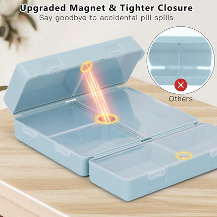 FYY Daily Pill Organizer,2 Pcs 7 Compartments Portable Pill Case Travel Pill Organizer,[Folding Design] Pill Box for Purse Pocket to Hold Vitamins,Cod Liver Oil,Supplements and Medication-Blue Clear