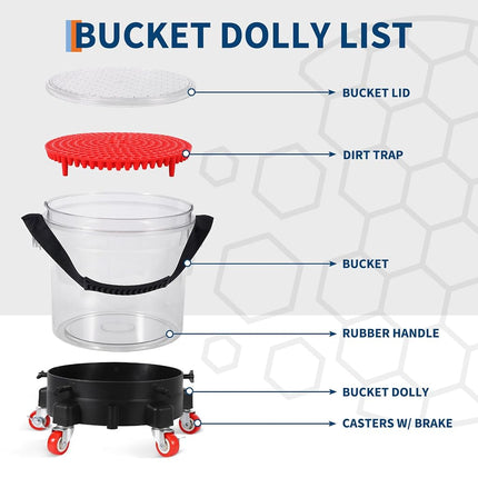Kit de lavage de voiture de 5 gallons avec chariot à 5 roulettes, seau de 15,5 L, grilles anti-gravier, poignée en caoutchouc et couvercle, système de détail roulant d'une capacité de 136 kg pour le nettoyage automobile, robuste (transparent)