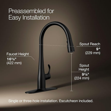 Kohler K-596-BL Simplice High-Arch Single-Hole or Three-Hole, Single Handle, Pull-Down Sprayer Kitchen Faucet, Matte Black with 3-Function Spray Head, Sweep Spray and Docking Spray Head Technology