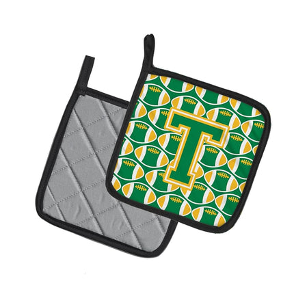 Caroline's Treasures Letter T Football Green and Gold Pair of Pot Holders CJ1069-TPTHD, Fabric