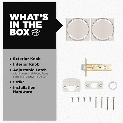Kwikset Maven Interior Passage Door Knob, Handle for Closet and Hallway Doors, Square Non-Locking Doorknob in Satin Nickel, with Microban Protection