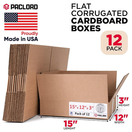 Paclord 12 Pack Flat Cardboard Boxes 15" L x 12" W x 3" H - USA Made Packaging Boxes for Moving, Shipping or Storage - USPS, UPS, FedEx Approved