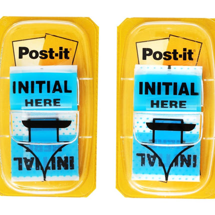 Banderitas adhesivas Post-it estándar en dispensador, 25 mm de ancho, azules con "Inicial aquí", 100 banderitas, 680-IH2