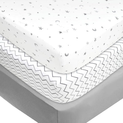 American Baby Company 3 Piece 100% Cotton Jersey Knit Fitted Crib Sheet for Standard Crib and Toddler Mattresses, Grey Star/Zigzag, for Boys and Girls(Pack of 1)