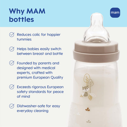 MAM 9oz Easy Start Anti-Colic Baby Bottles, Medium Flow with 2X Bonus Nipples (Fast and Extra Fast Flow), Reduces Colic, Gas, & Reflux, Easy-to-Clean, BPA-Free, 2 Plus Months