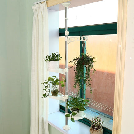 Baoyouni Indoor Plant Tension Pole Flower Display Stands Spring Loaded Flowers Hanging Rack Rod with 4 Adjustable Trays & Arm, Ivory