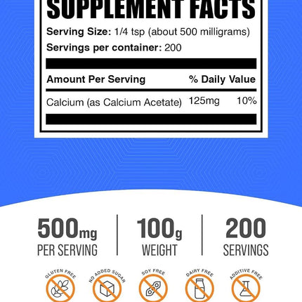 BulkSupplements.com Calcium Acetate Powder - Calcium Supplement - Calcium Powder Supplement - Vegan Calcium - For Bones & Teeth - 500mg (125mg Calcium) per Serving (100 Grams - 3.5 oz)