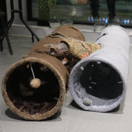 Terunat Cat Tunnel for Indoor Cats, 51×12 inch Foldable Big Cat Tunnel, Grey Suede Pet Tunnels with Two Peepholes and a Bubble Ball
