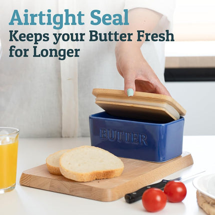PriorityChef Extra Large Butter Dish with Lid for Countertop, Ceramic Butter Container with Airtight Cover, Butter Keeper for Counter or Fridge, Butter Holder Storage, Dark Blue