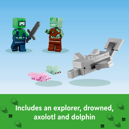 LEGO Minecraft 21247 El set de construcción La casa del ajolote, aventuras creativas en una colorida base submarina, incluye un explorador buzo, un delfín, un ahogado y más, juguete de Minecraft para