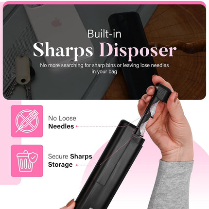 STRAWBERRY & CO DailyEase Insulin Travel Case with Built-in Sharps Dispenser – TSA-Approved Diabetic Supply Organizer for Ozempic, Insulin Pens, and Needle Storage, Black, Small, Classic