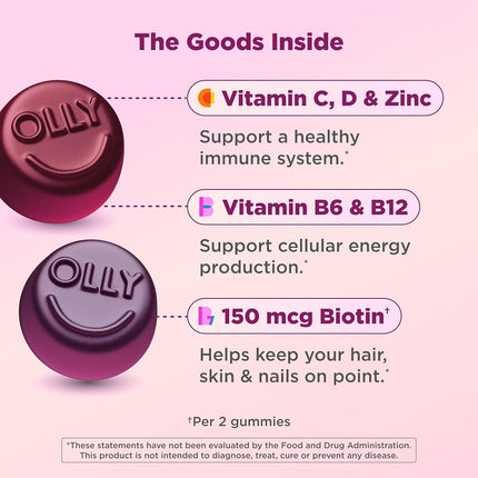 OLLY Women's Multivitamin Gummy, Vitamins A, D, C, E, Biotin, Folic Acid, Chewable Supplement, Berry Flavor, 65-Day Supply - 130 Count (Packaging May Vary)