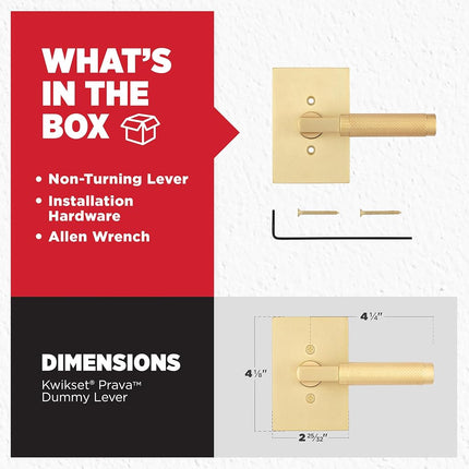 Kwikset Prava Dummy Door Knurled Handle, Single Sided Lever for Closets, French Double Doors, and Pantry, Satin Brass, Non-Turning Reversible Interior Push/Pull Lever, with Microban Protection