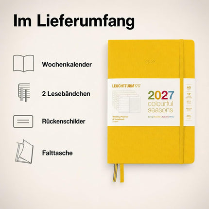 LEUCHTTURM1917 Weekly Calendar & Notebook Dotted Medium (A5) 2027, Colourful Seasons Yellow, English, Hardcover, Calendar Overview 2026/2027/2028, Planning Overview 01.27-12.28, Project Planner