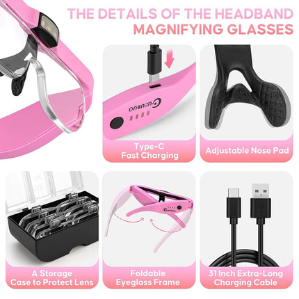 GUOUBUO Magnifying Glass with Light, 1.5X-5.0X Magnifying Glasses, Rechargeable Magnifier Headset with Light, Head Magnifier with 4 Detachable Lenses, Magnify Glasses for Close Work Crafts Jewelry
