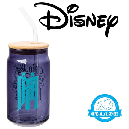Silver Buffalo Disney Haunted Mansion “Foolish Mortals” Featuring Madame Leota Glass Jar Tumbler with Bamboo Lid and Glass Straw, 16 Ounces