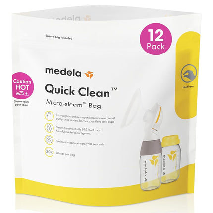 Medela Quick Clean Micro-Steam Bags, 12Count Sterilizing Bags for Bottles & Breast Pump Parts, Eliminates of Common Bacteria & Germs, Disinfects Most Breastpump Accessories