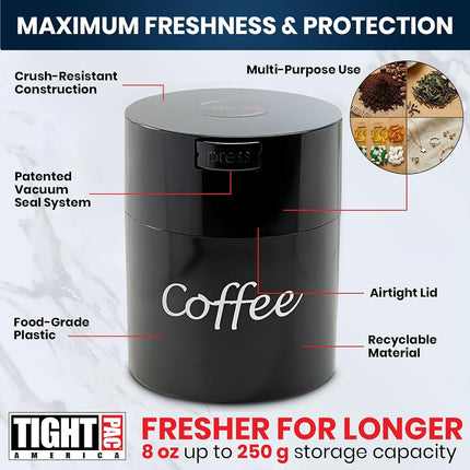 Coffeevac 1/2 LB – Patented Airtight Container | Multi-use Vacuum Container Works as Smell Proof Containers for Ground Coffee and Coffee Bean Containers. Black with Logo