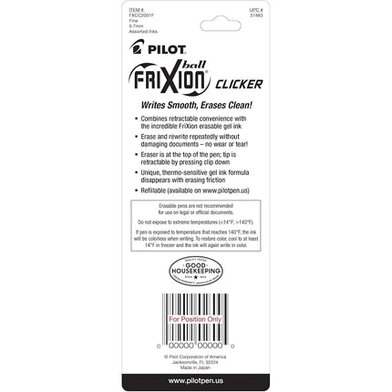 Pilot FriXion Clicker Retractable Erasable Fine Point Gel Pen, Assorted Color Inks (Pack of 2)