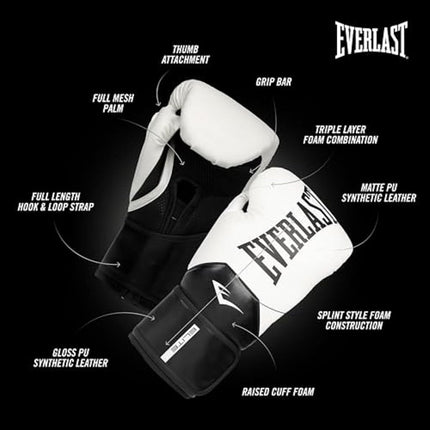 Everlast Elite 2 12oz Boxing Gloves, White/Black Boxing Gloves for Bags, Mitt Work & Sparring, Hook and Loop Strap, Ergonomic Grip Bar, Split-Style Foam Combination - Authentic Everlast Gear