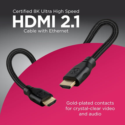 GE UltraPro 8K HDMI 2.1 Cable with Ethernet, 1.5ft, Ultra High-Speed 48Gbps, Supports 8K@60Hz, 4K@120Hz, HDR, eARC, Dolby Atmos, Braided Black, 84679