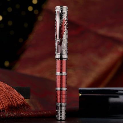 Hongdian D5X Fountain Pen Fine Nib Red Color Retro Chinese Totem Engraved Qin Dynasty Smooth Writing Pen with Converter and Pen Box Set