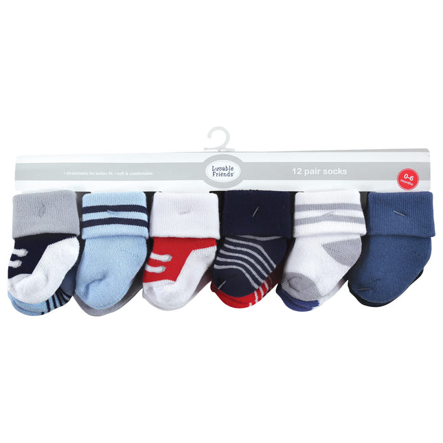 Luvable Friends Unisex Baby Newborn and Baby Terry Socks, Red Navy Sneakers 12-pack, 6-12 Months