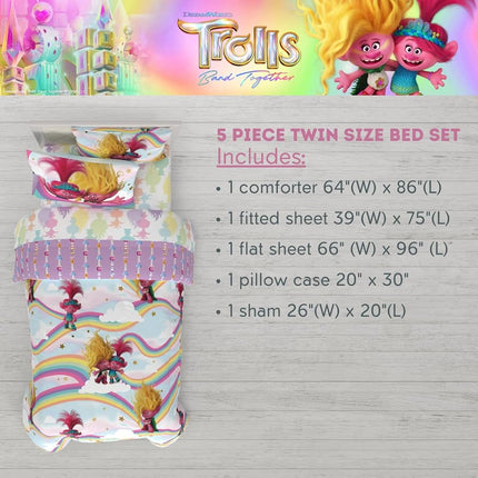 Franco DreamWorks Trolls 3 Band Together Kids 5 Piece Bedding Super Soft Reverisble Comforter and Sheet Set with Sham, Twin, (Officially Licensed Product)
