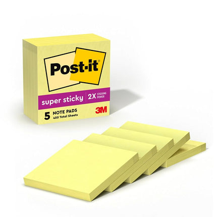 Post-it Super Sticky Notes, 3x3 in, 5 Pads, 90 Sheets/Pad, 450 Total Sheets, 2X The Sticking Power, Canary Yellow, (654-5SSCY)