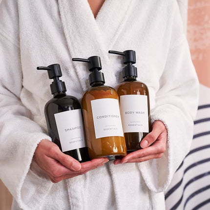 Stylish Shampoo and Conditioner Dispenser Set of 3 - Modern 21oz Shower Soap Bottles with Pump and Labels - Easy to Refill Body Wash Dispensers for an Instant Bathroom Decor Upgrade
