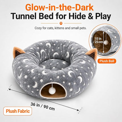 LUCKITTY Cat Tunnel Bed Under Christmas Tree with Plush Ball Toy Playground Crinkle Collapsible Self-Luminous Flannel Fabric 3FT for Large Cats Kittens Kitty Small Animals Puppy Grey Moon Star