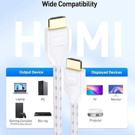 Cable Matters [Ultra High Speed HDMI Certified] Braided 48Gbps 8K HDMI Cable 6.6 ft / 2m with 8K@60Hz, 4K@240Hz and HDR Support for PS5, Xbox Series X/S, RTX3080 / 3090, Apple TV and More in White
