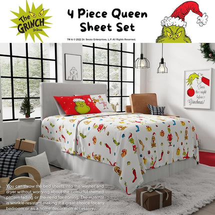 Franco Collectibles Dr. Seuss The Grinch Holiday & Christmas Bedding Super Soft Microfiber 4 Piece Queen Sheet Set, (Officially Licensed Product)