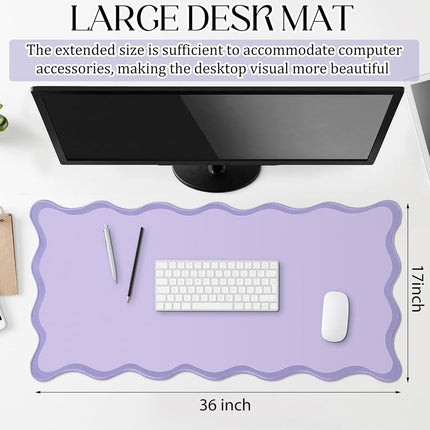 Hahafelt Scalloped Desk Mat Large Scalloped Piping Cute Desk Mat Aesthetic Preppy Table Pad Large Nonslip Pad with Edge Stitching Waterproof Gaming (Purple,36 x 17 Inches)