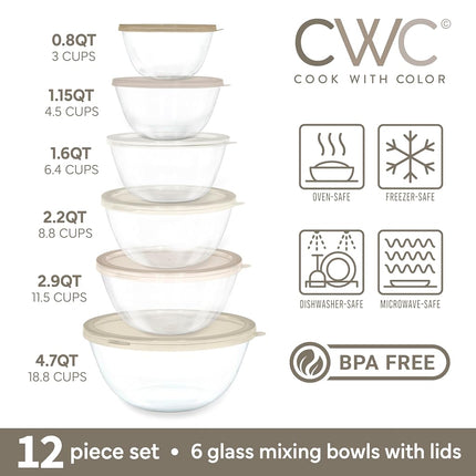 Cook with Color 12 Pc Glass Mixing Bowl Set with Lids – Borosilicate Glass Nesting Bowls for Cooking, Baking and Meal Prep, Brown