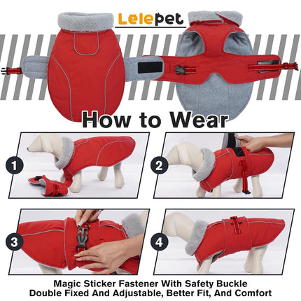 Lelepet Warm Dog Coats for Large Dogs Waterproof Dog Jacket Reflective Pet Fleece Vest Windproof Cold Weather Coats with Adjustable Buckle & Leash Hole, Red, L