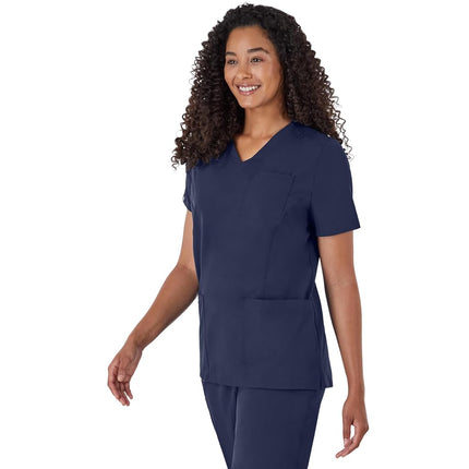 Hanes Women's Plus Size Healthcare Top, Moisture-Wicking Stretch Scrub Shirts, Ribbed Back Panel, Athletic Navy, Medium
