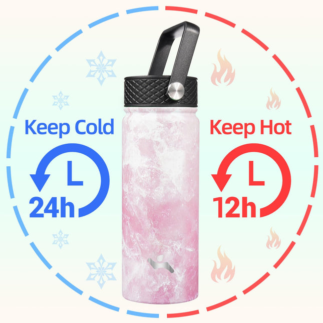 Konokyo Insulated Water Bottle with Straw,18oz 3 Lids Metal Bottles Stainless Steel Water Flask,Marble Blossom