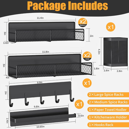 DTUQYX Magnetic Spice Rack for Refrigerator, 7 Pack Black, Moveable Organizer with Hook Rack, Paper Towel Holder, Kitchenware Holder, Strong Magnetic Storage